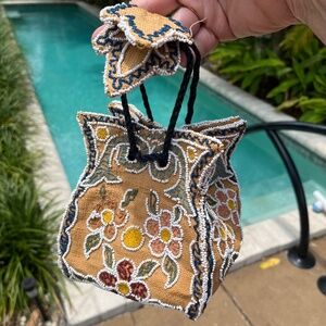 Vintage Handmade Embroidered & Beaded Straw Rattan Hand Bag